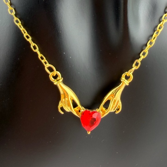 Gold Hands Holding Red Heart Necklace Romantic - Picture 6 of 11